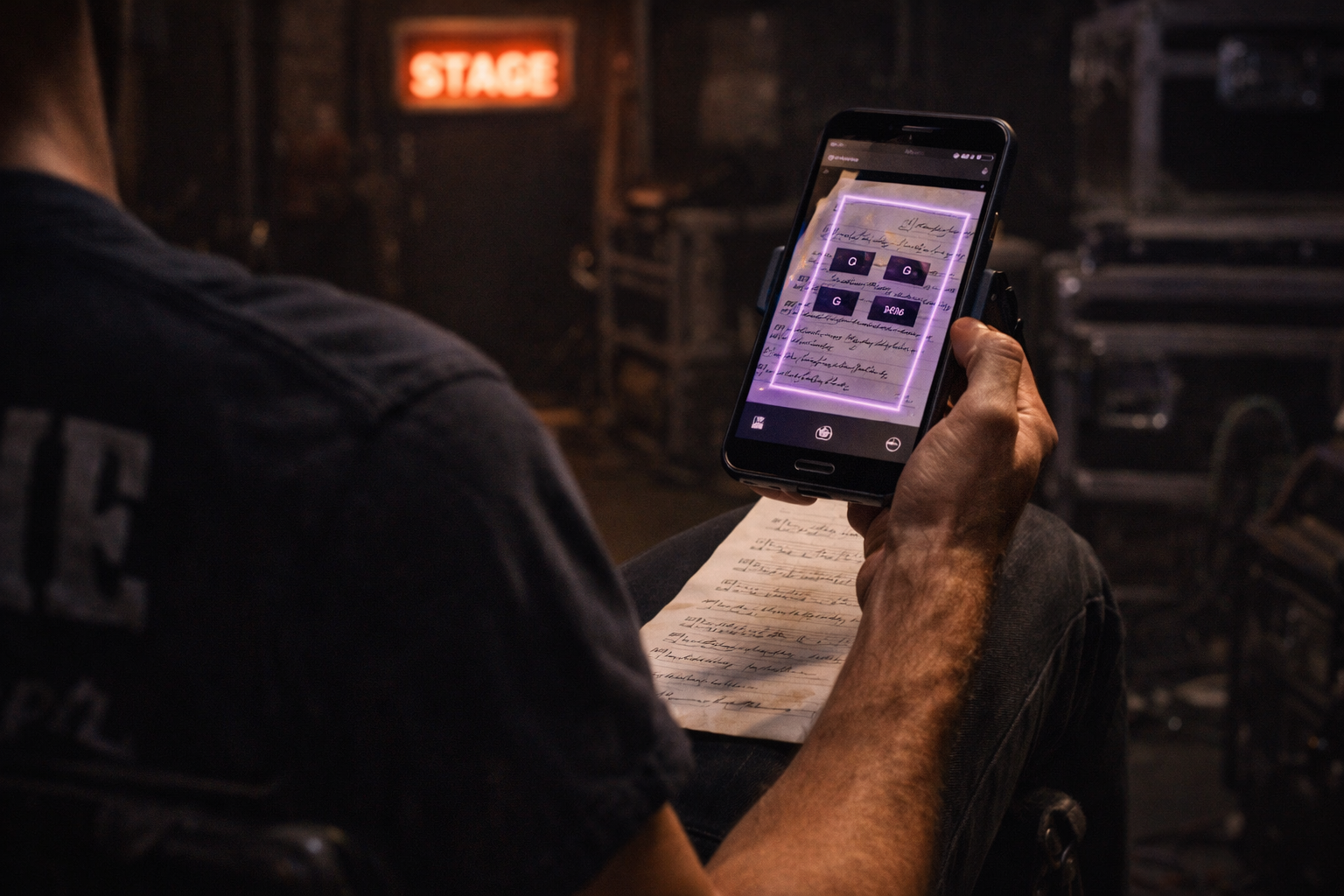 A phone scanning a worn paper chart and turning it into a clean GigFrame chord sheet