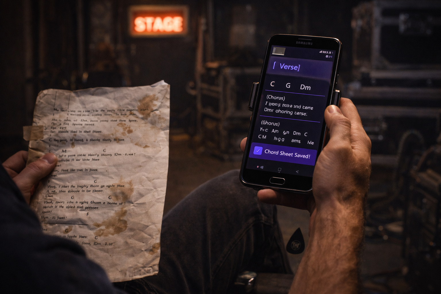 A crumpled paper chart beside a phone showing the same chart cleanly captured in GigFrame