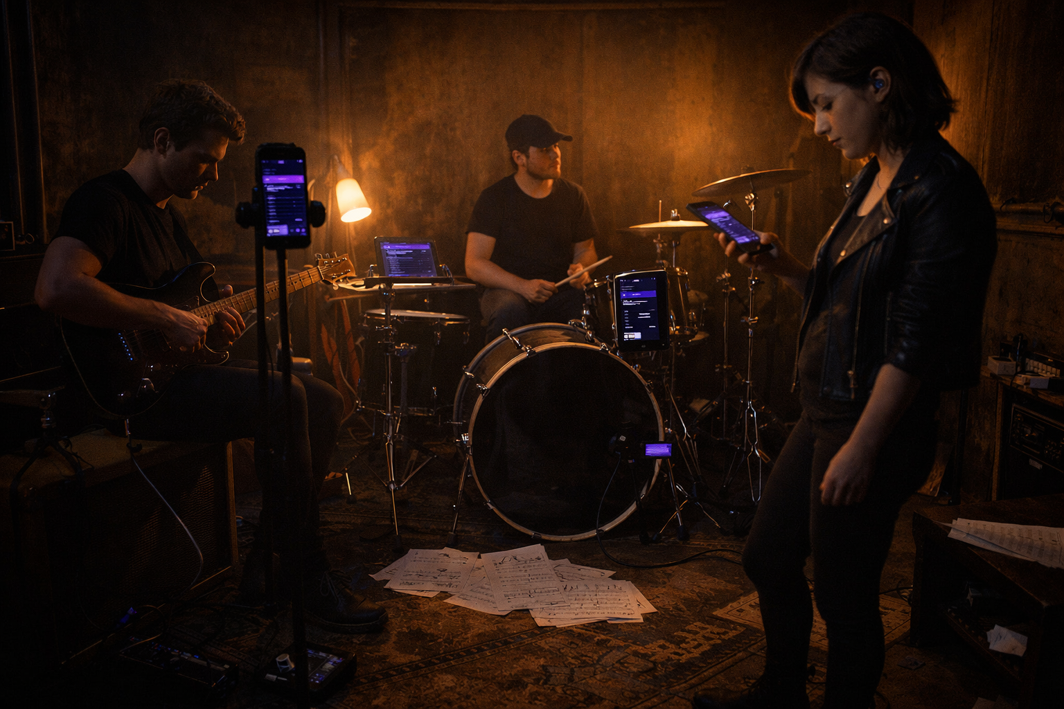 A band rehearsing, each player reading GigFrame on a phone or tablet on a stand