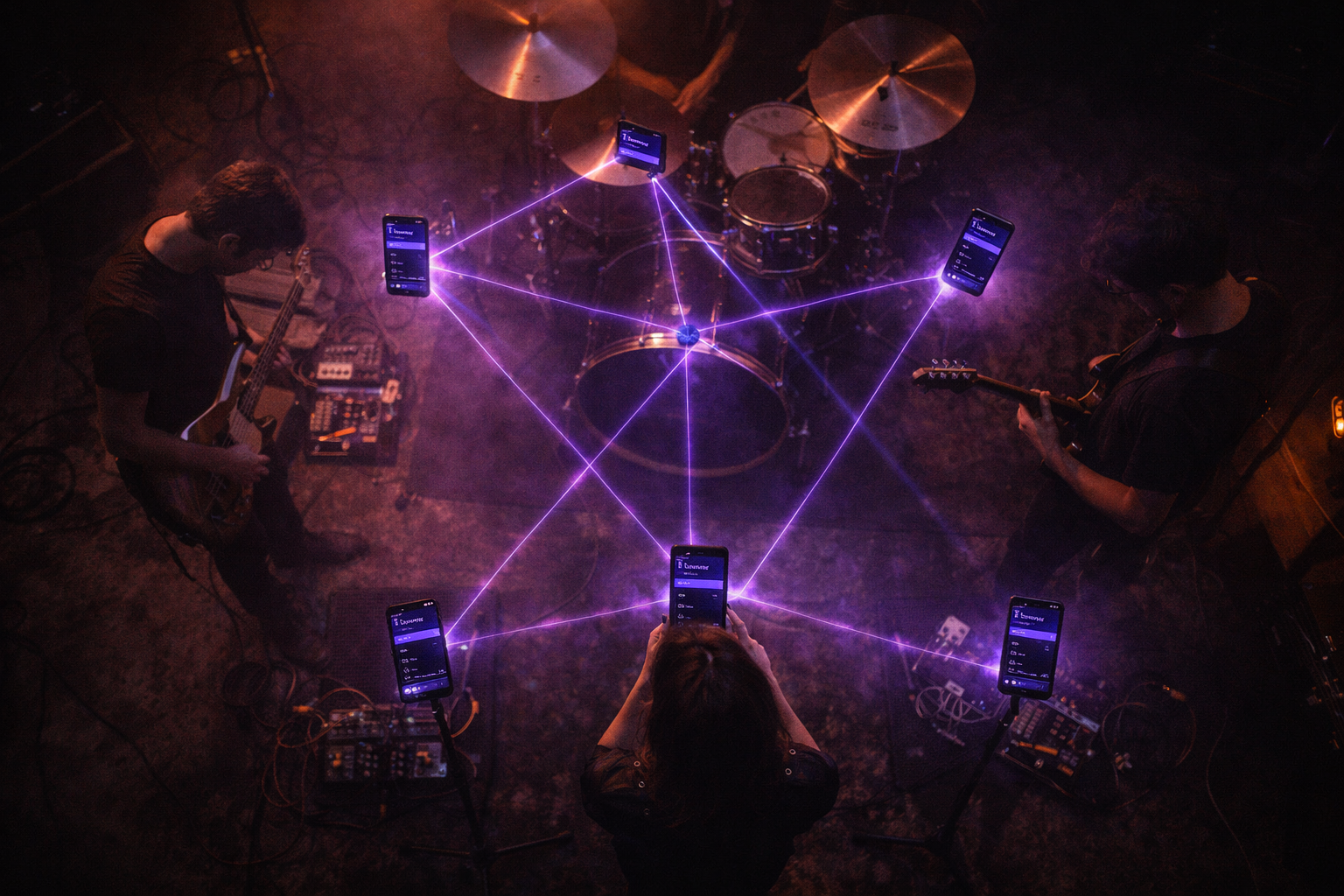 Overhead view of a band whose phones are linked by violet lines representing real-time sync