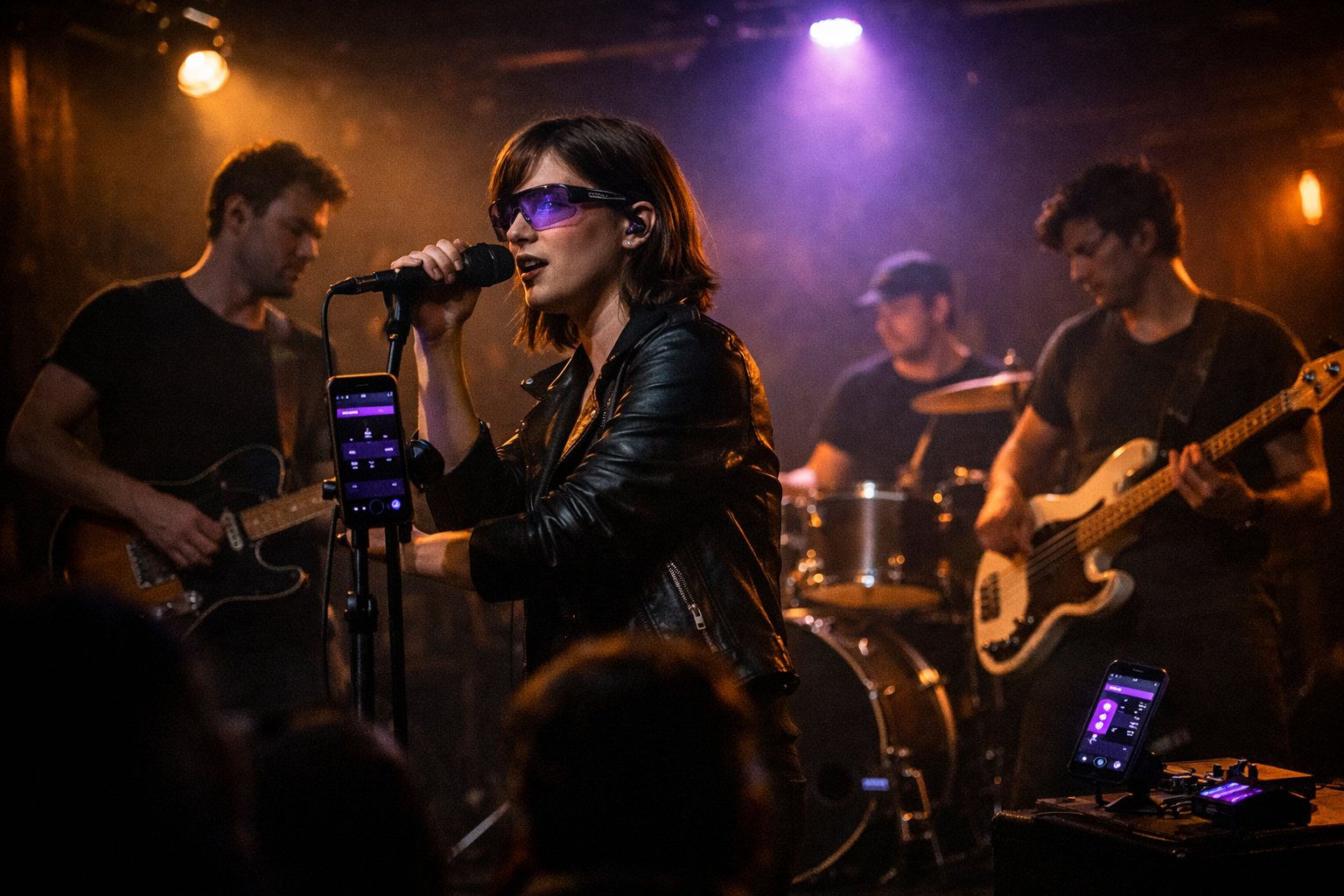 A band performing live with GigFrame on a stand
