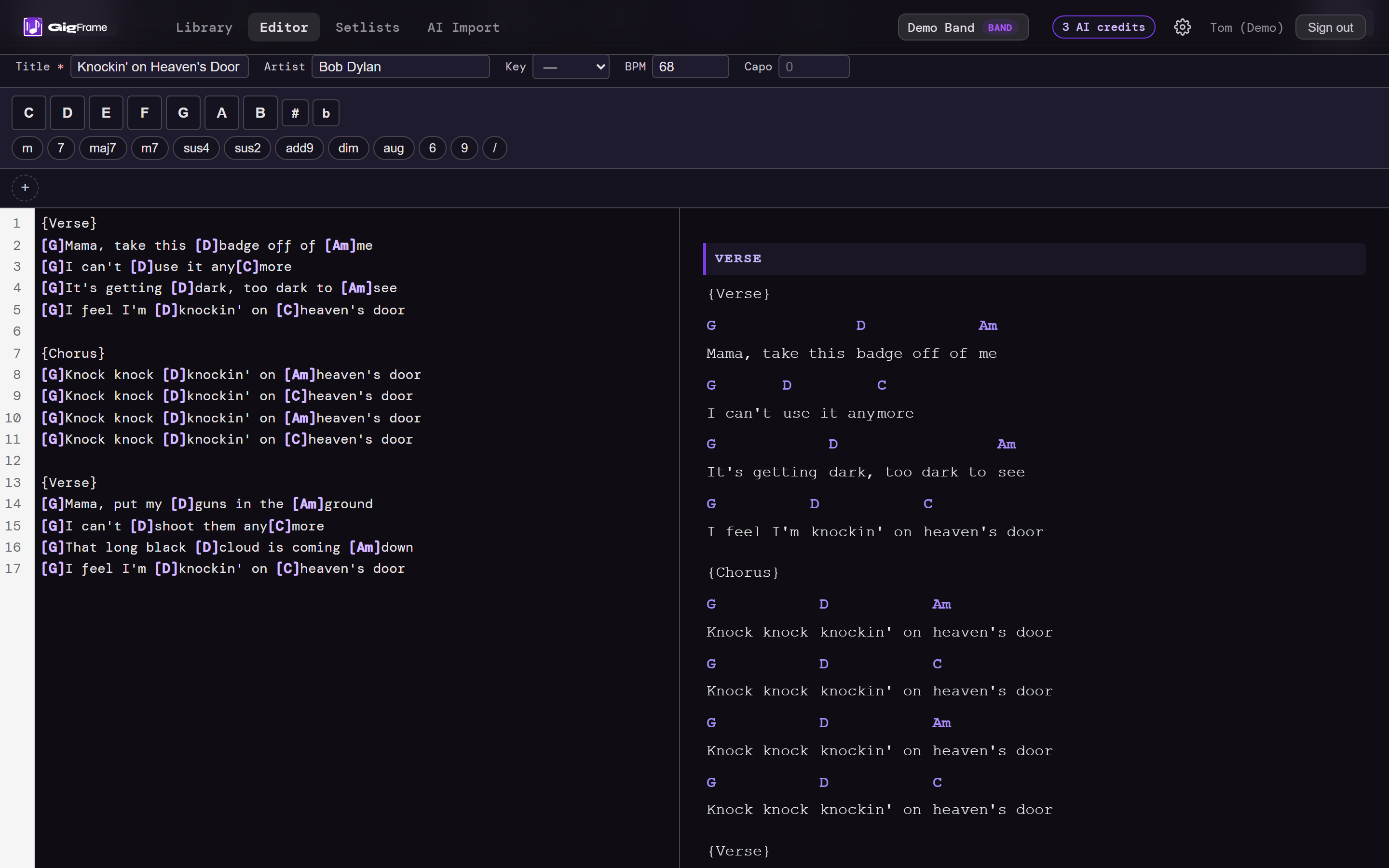 GigFrame web editor showing chord placement on lyrics with live preview panel