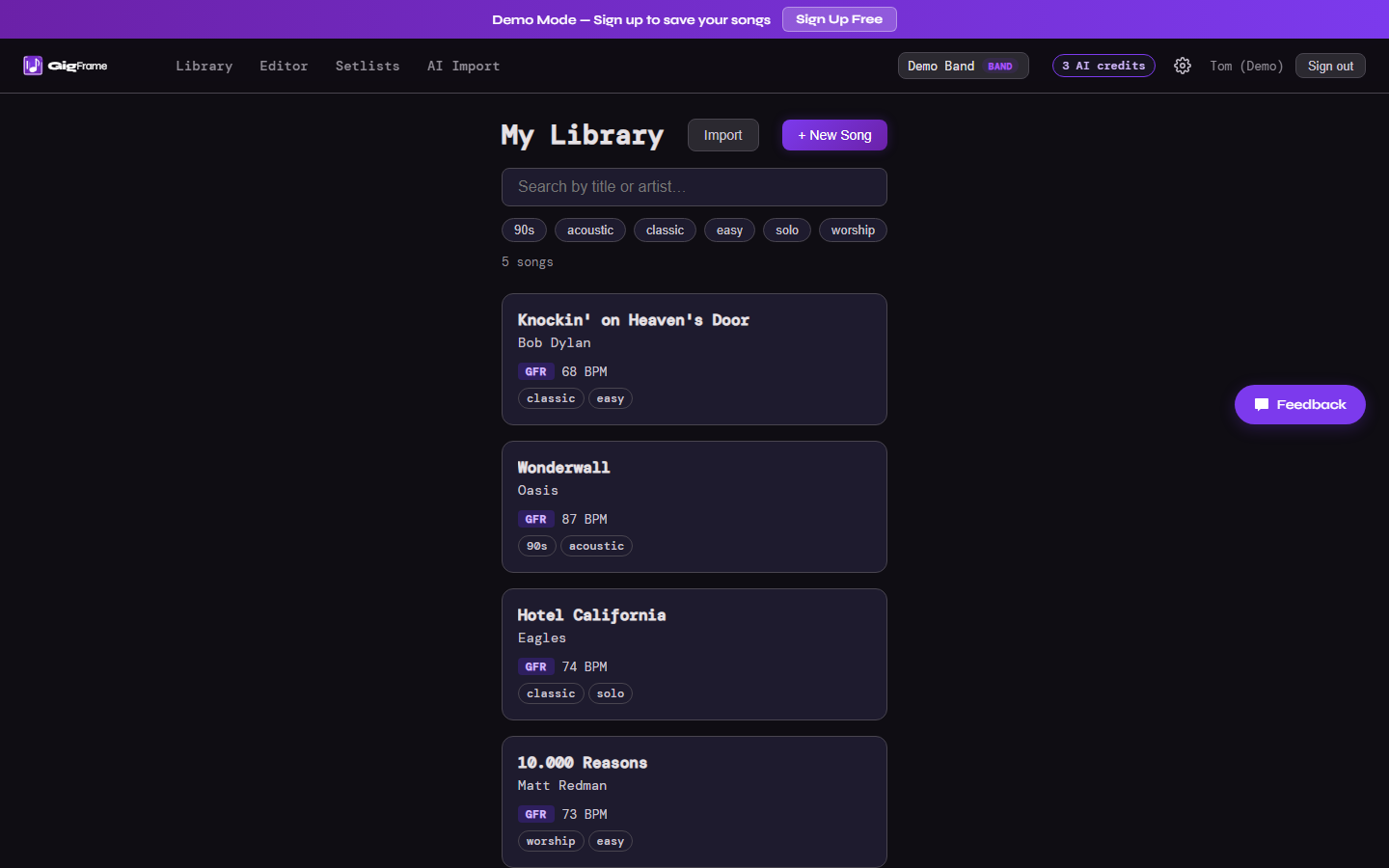 GigFrame library view with song list