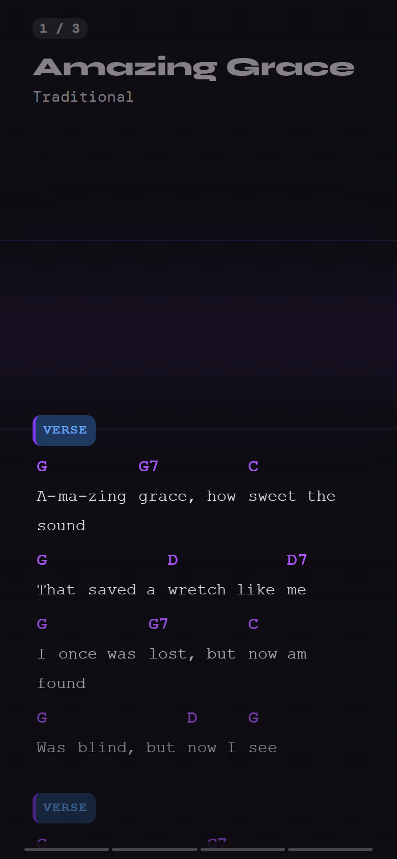 GigFrame perform mode — auto-scrolling chords on phone in dark stage view