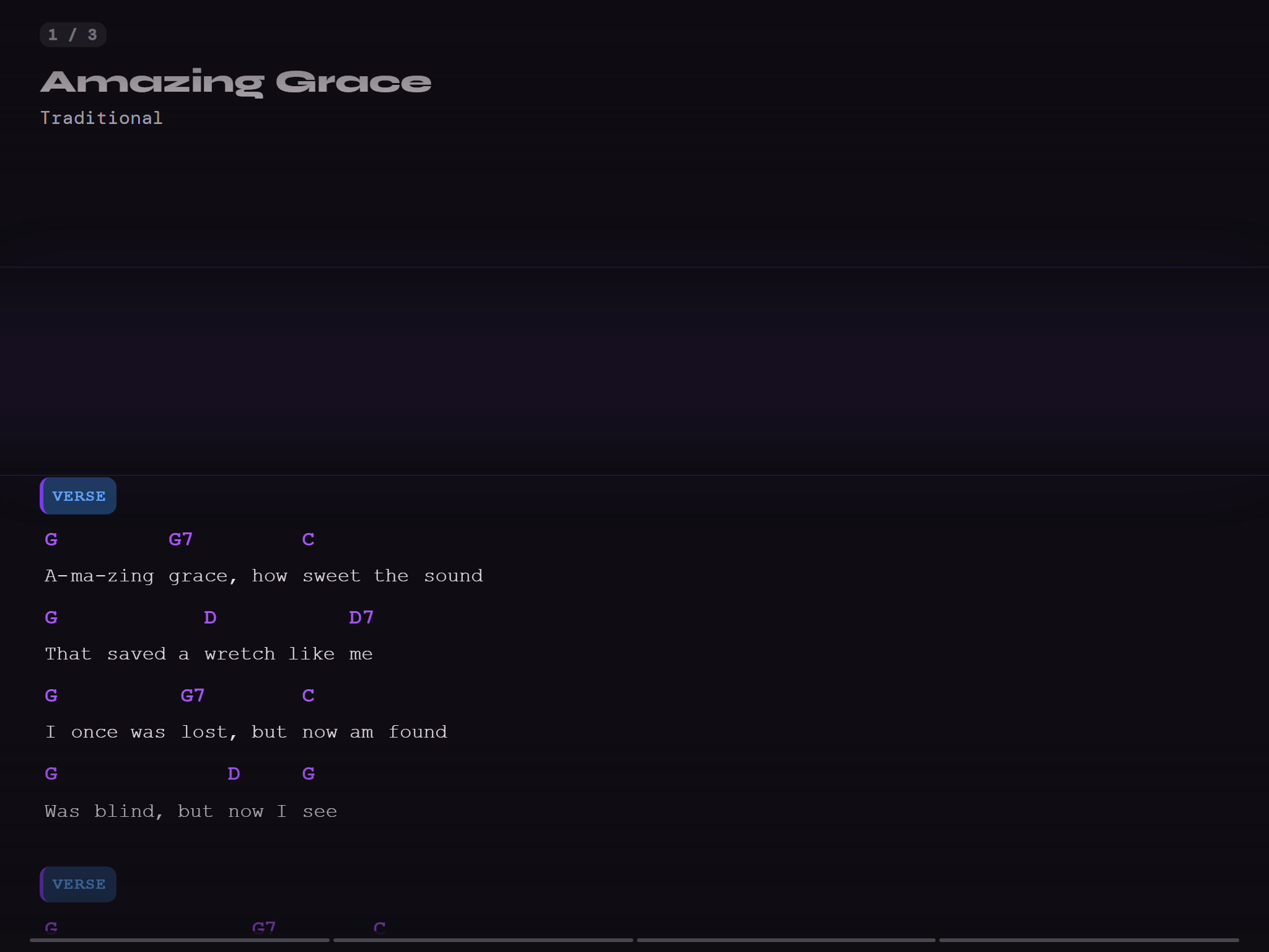 Amazing Grace in perform mode on tablet — full width, landscape