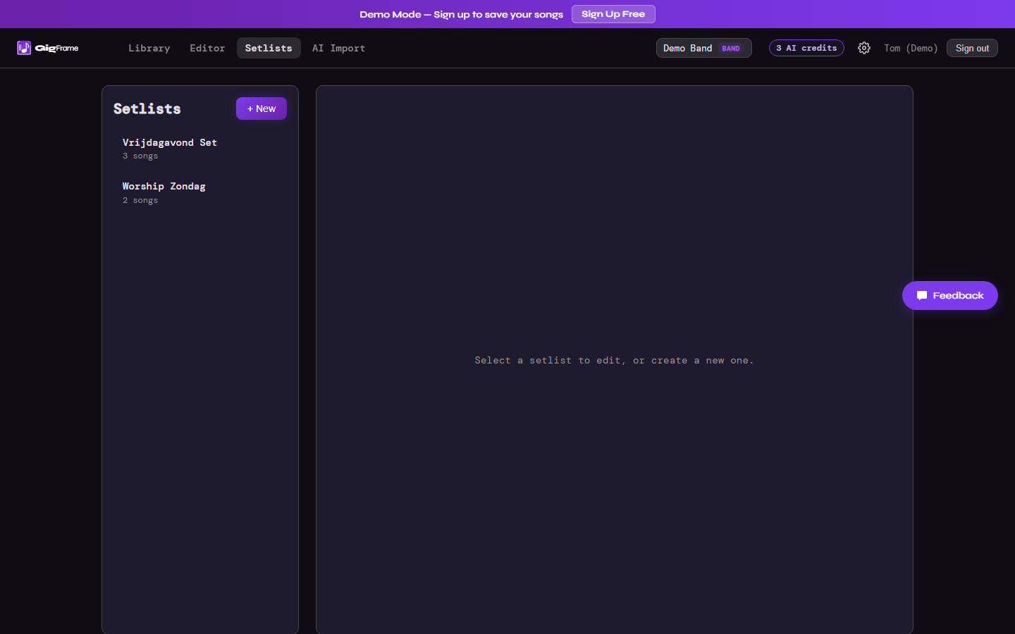 GigFrame setlist overview