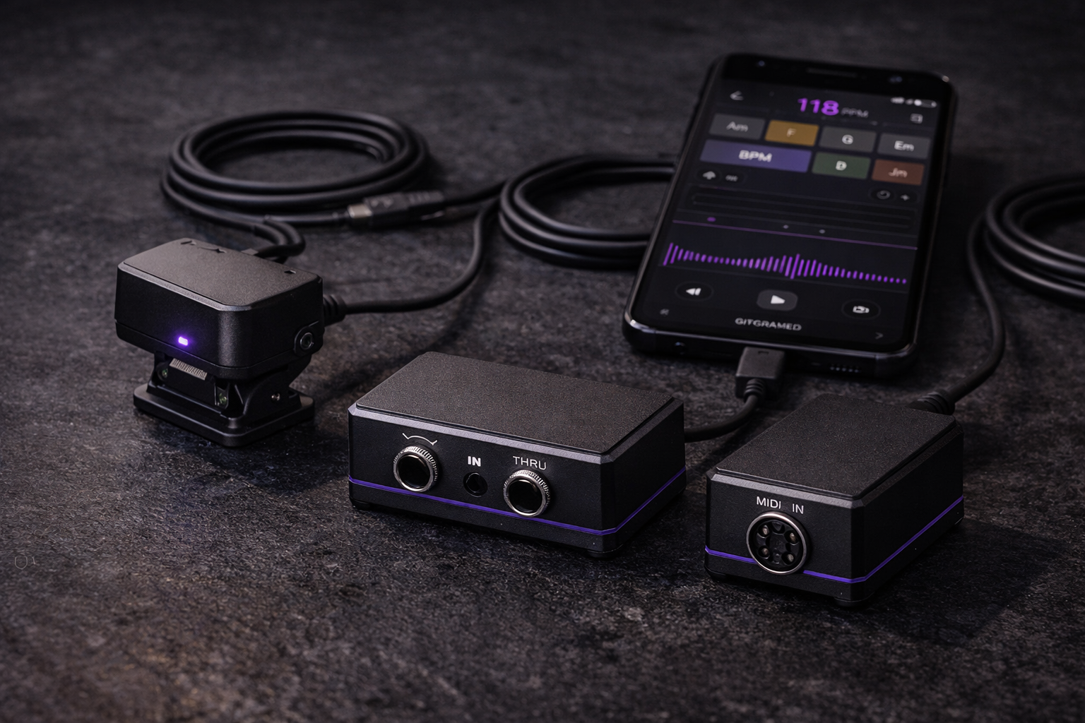 The three Pulse sensors — Clip, Inline and MIDI — beside a phone running GigFrame