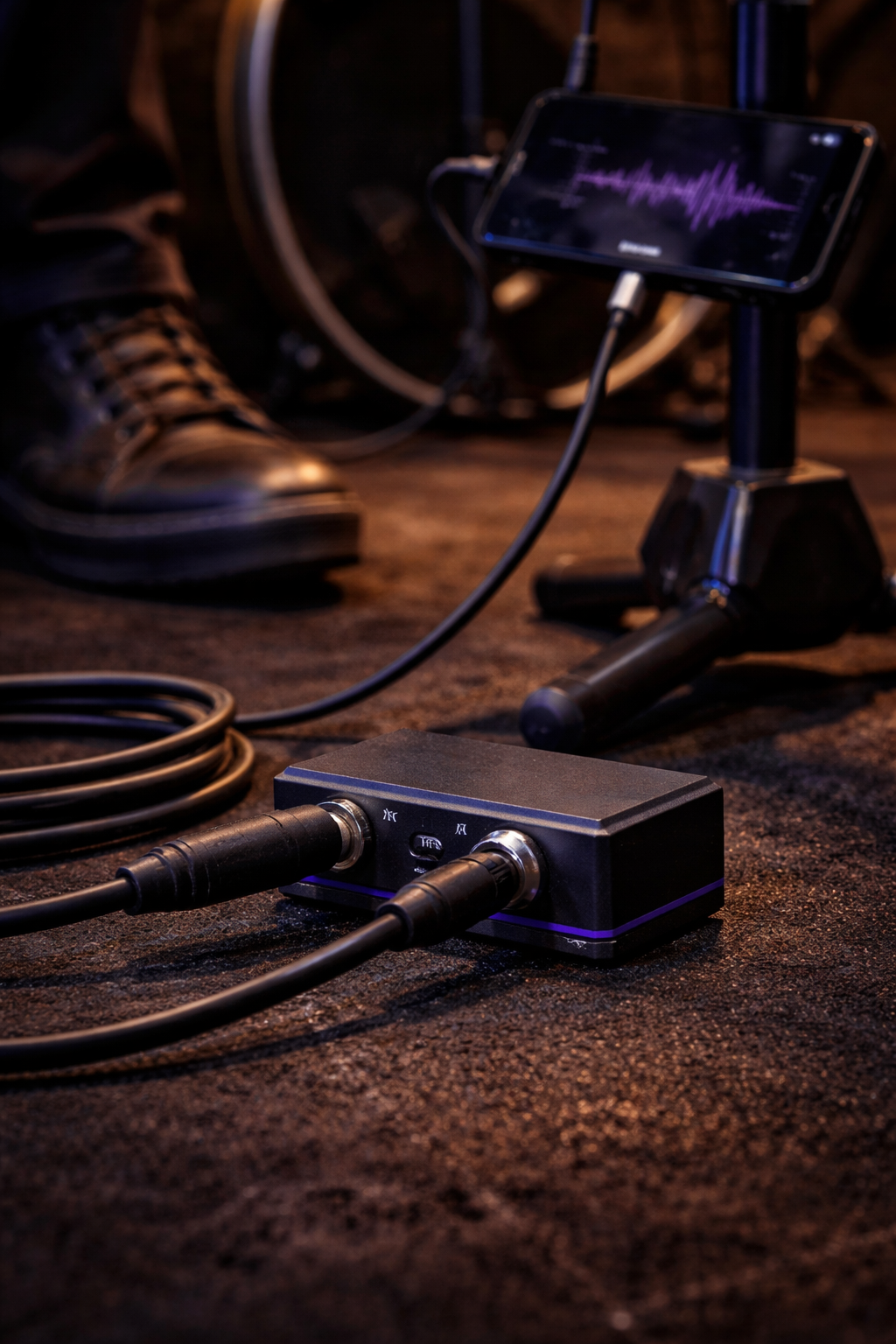 A Pulse Inline sensor on a stage floor, cabled to a phone on a mic stand