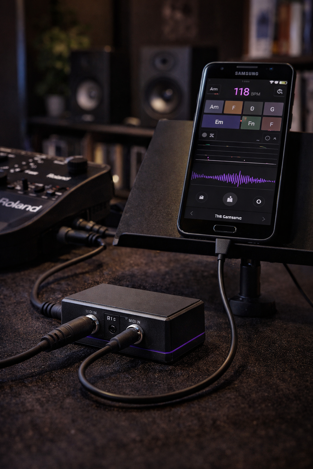 A Pulse MIDI sensor in a studio beside a Roland module