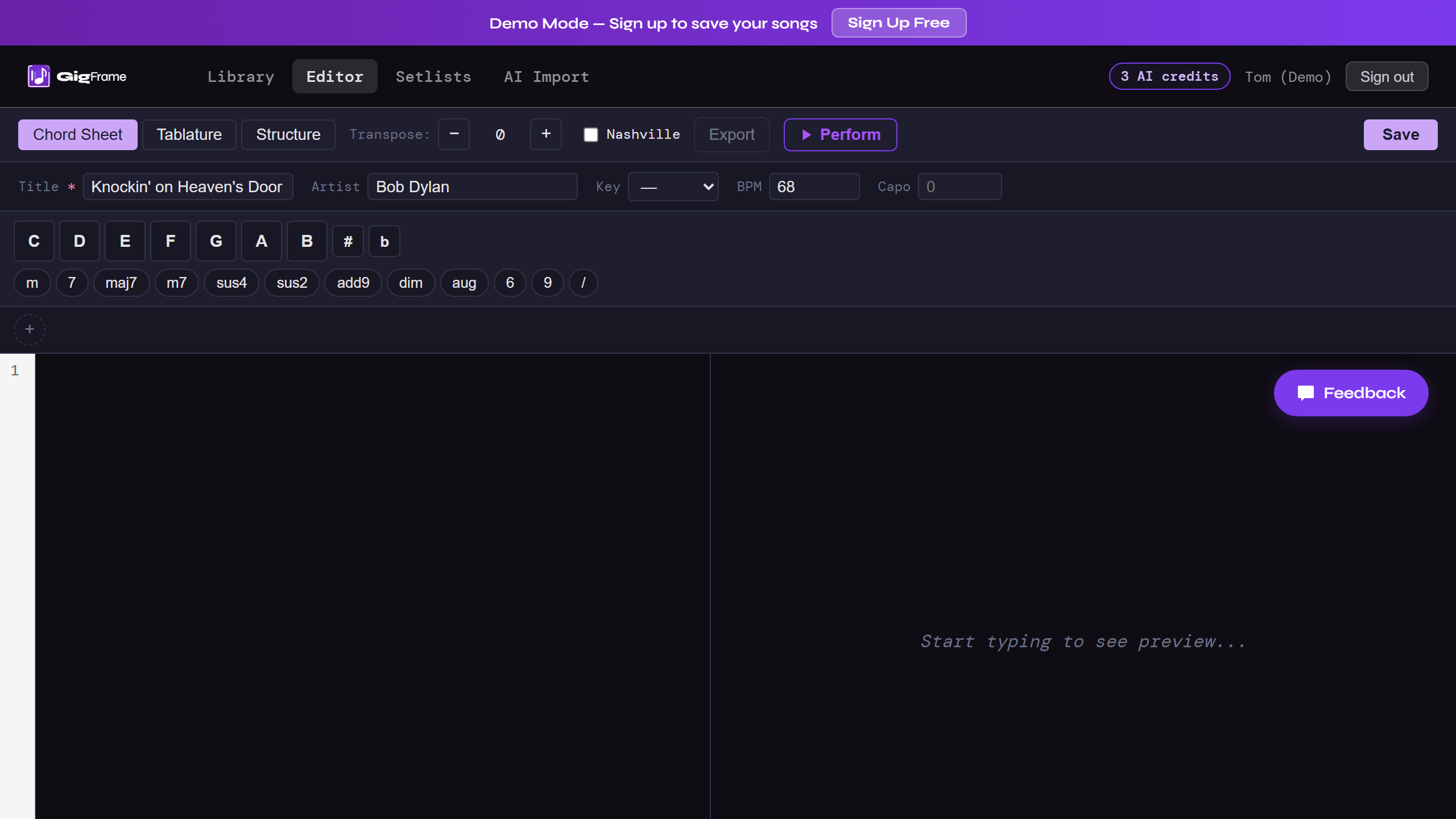 GigFrame chord editor showing chord placement on bars