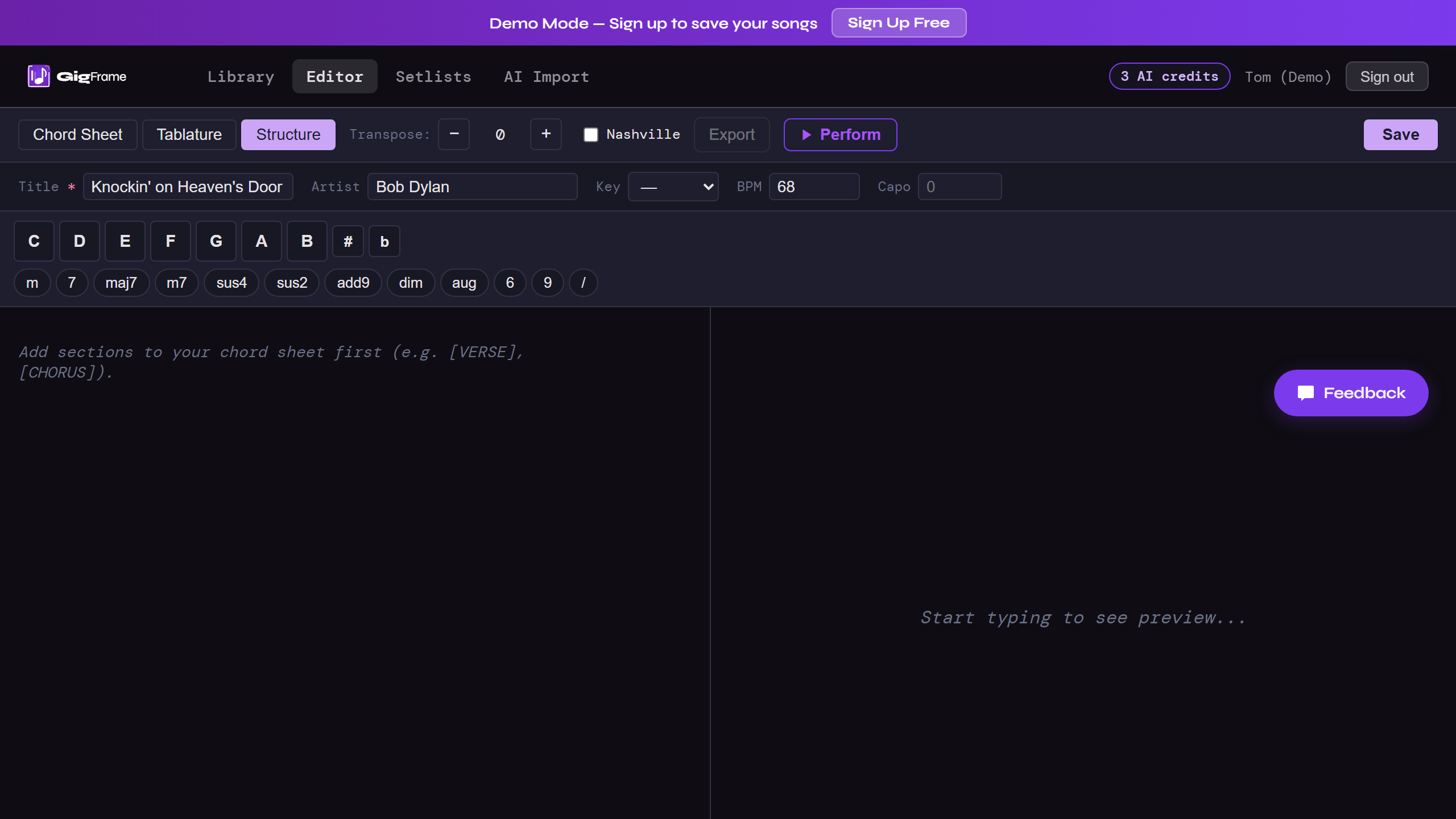 GigFrame song structure view with sections