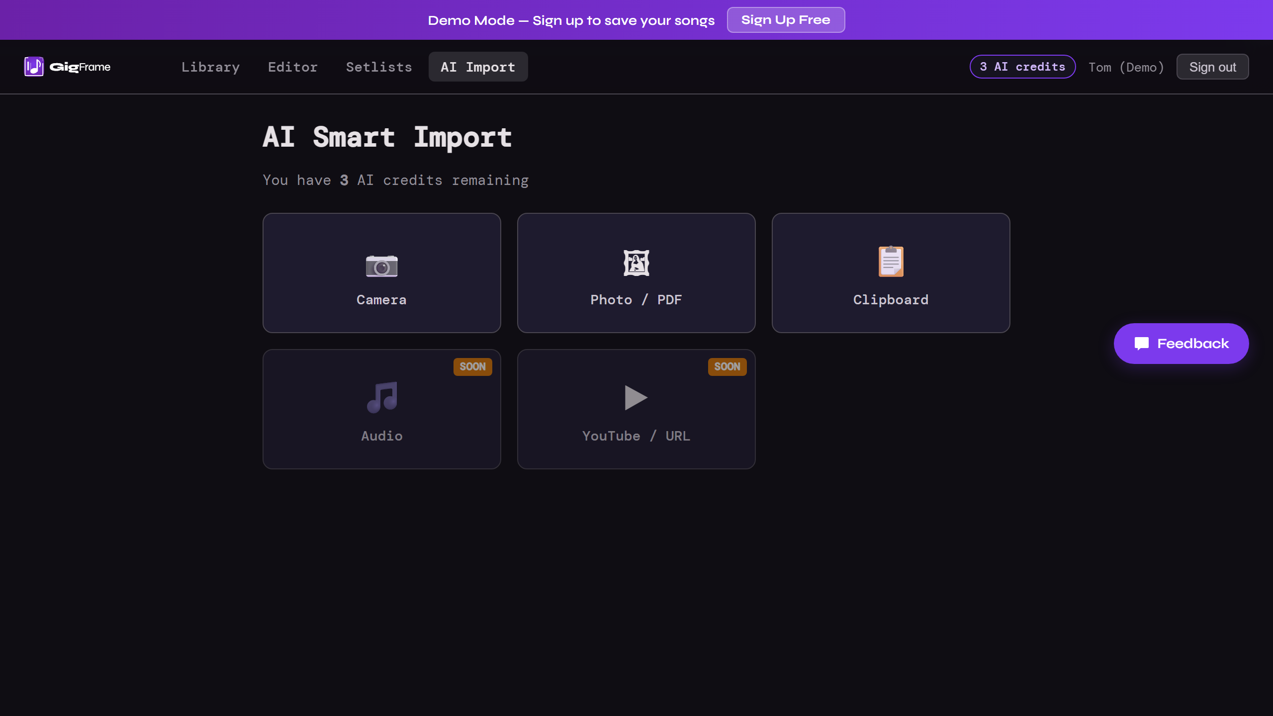 GigFrame import dialog showing supported formats
