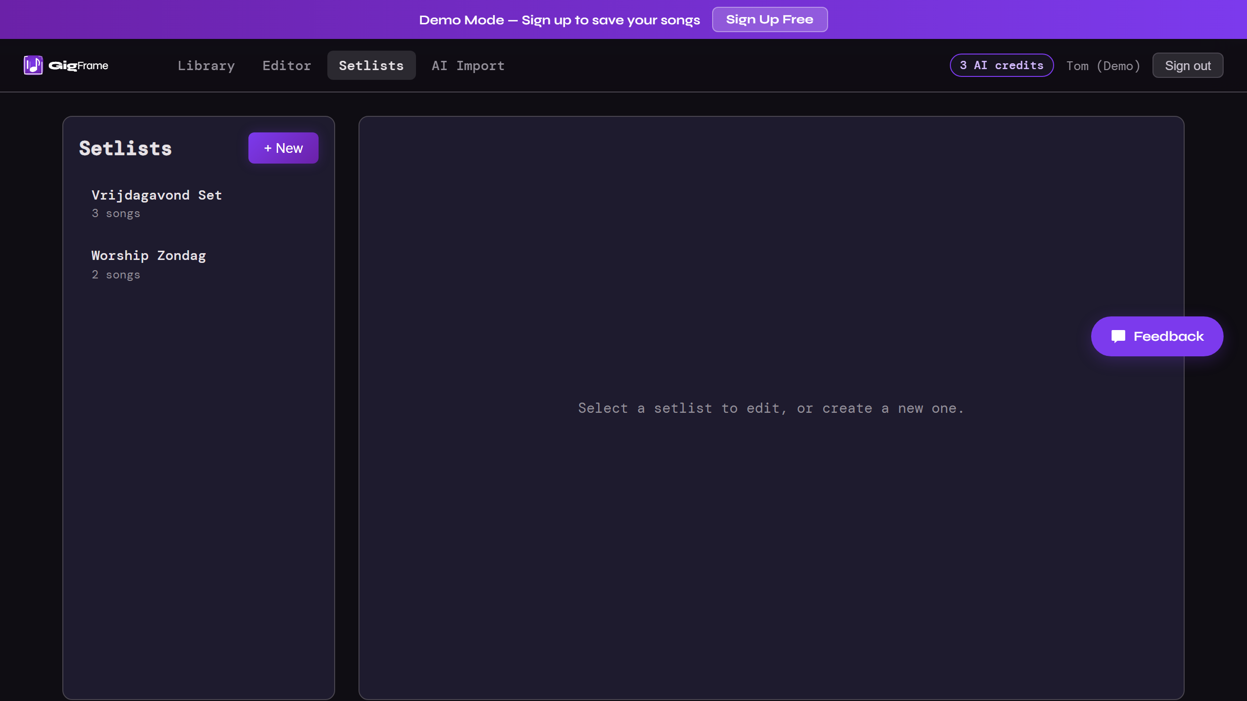 GigFrame setlist manager with drag-and-drop song ordering