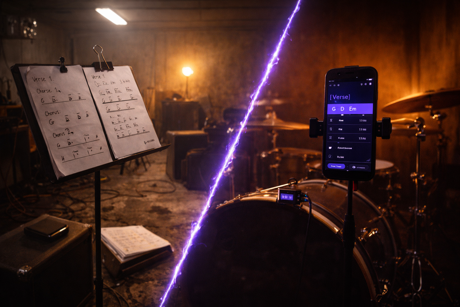 A paper music stand beside a phone running GigFrame, divided by a violet line